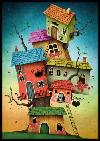 Plakat do pokoju dziecka przedstawiający obrazek "Szalone domki"